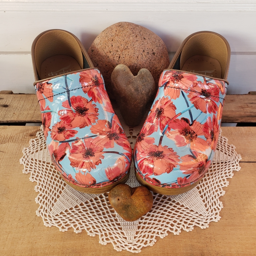 NEW*Poppies Dansko Pro Honey Clog Floral Blue Orange Patent Leather Cottage Boho - Picture 8 of 11